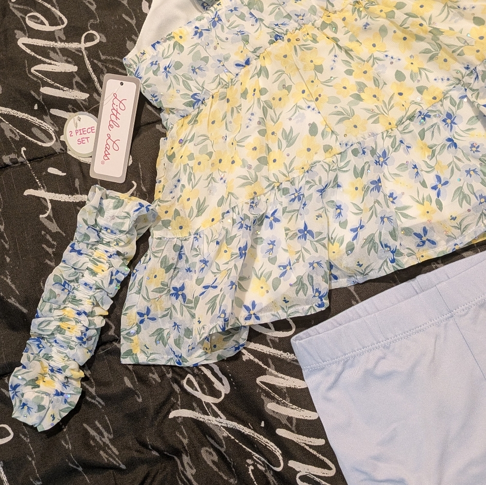 Little Lass Floral Two-Piece Set Dress/Scrunchie with L/Blue Shorts 3T
